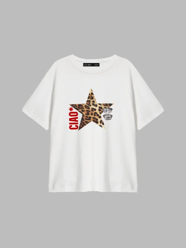 Ciao Yıldız Baskılı Relaxed Fit Beyaz Kadın Tshirt