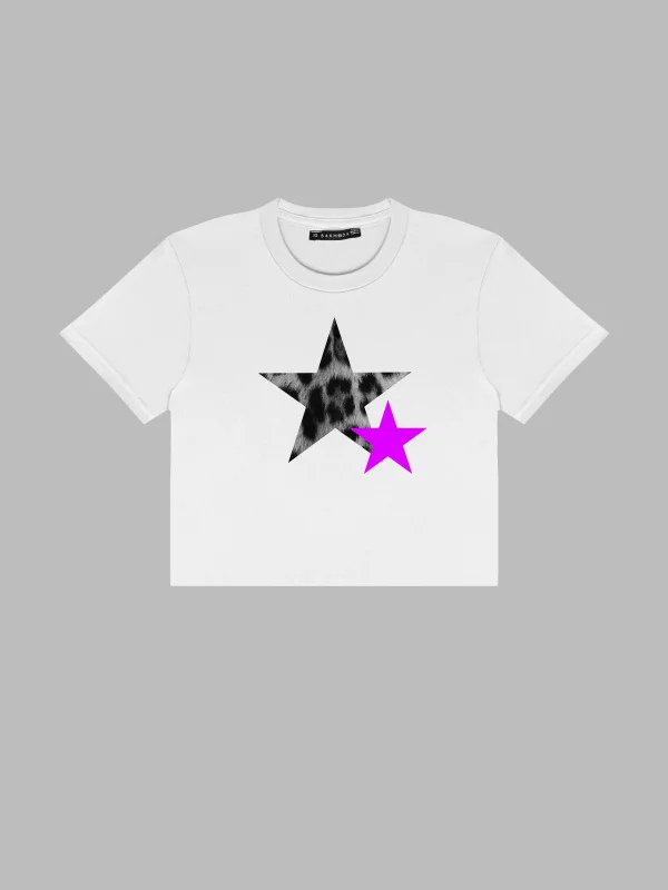 Y2k Leopar Starz V2 Baskılı Beyaz Crop Top