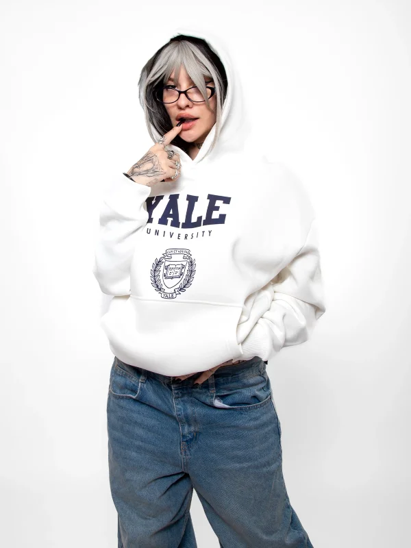 Yale University Baskılı Oversize Unisex Beyaz Hoodie