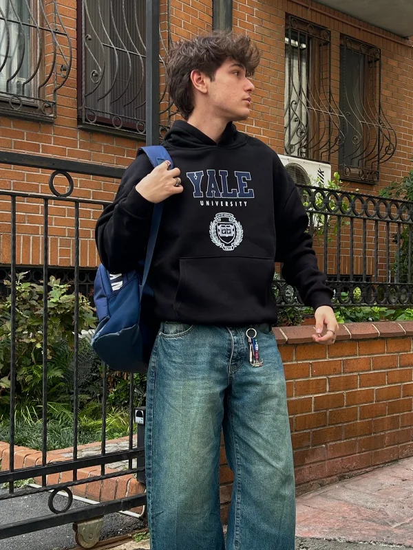 Yale University Baskılı Oversize Unisex Siyah Hoodie
