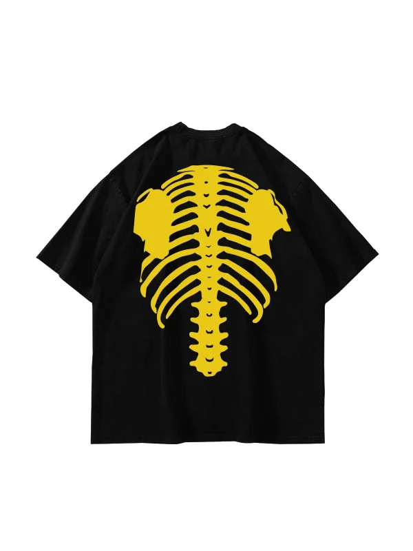 Yellow Ribcage Baskılı Oversize Unisex Siyah Tshirt
