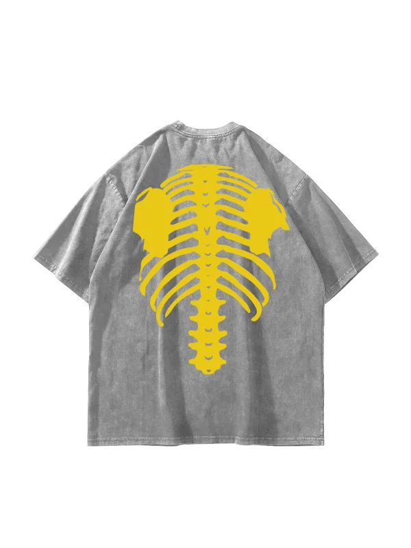 Yellow Ribcage Baskılı Oversize Unisex Yıkamalı Beyaz Tshirt