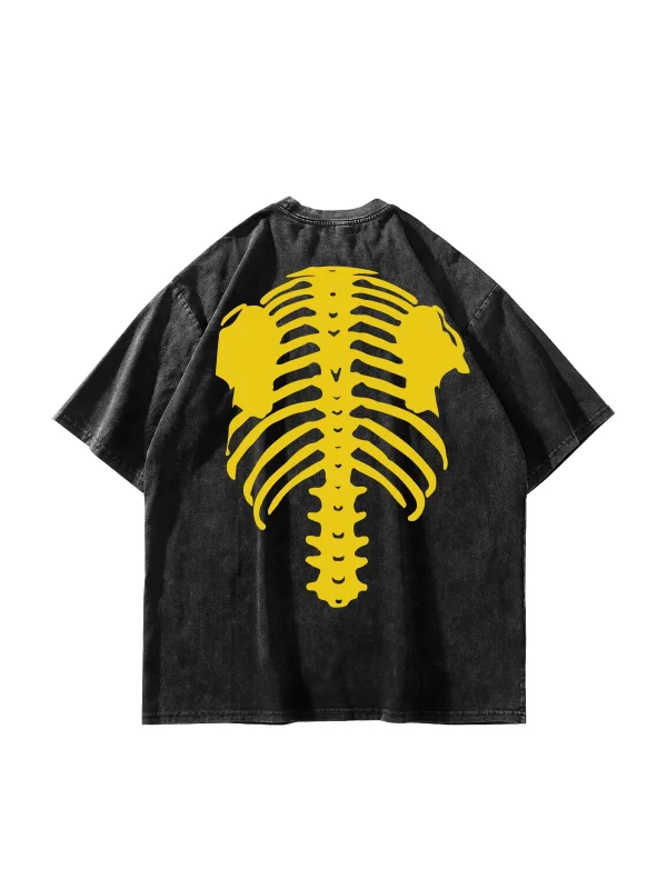 Yellow Ribcage Baskılı Oversize Unisex Yıkamalı Siyah Tshirt
