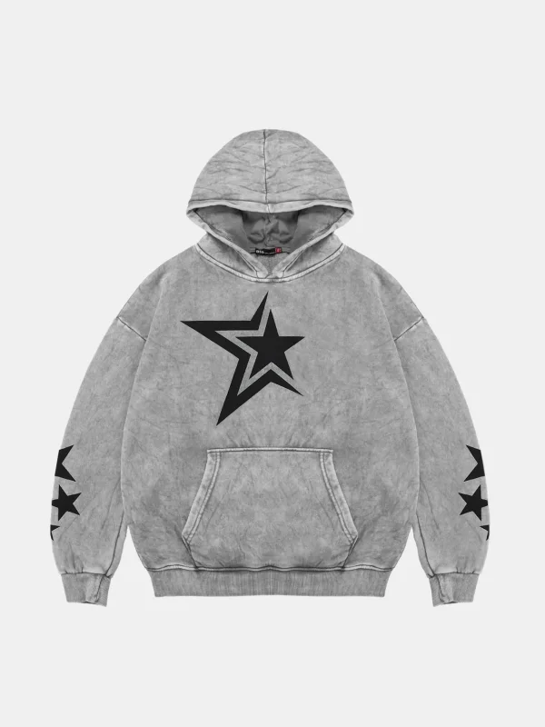 Yıkamalı Beyaz 816 Stars Baskılı Oversize Unisex Hoodie