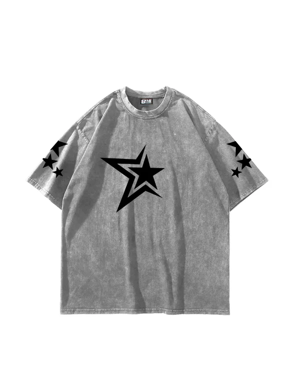 Yıkamalı Beyaz 816 Stars Baskılı Oversize Unisex Tshirt