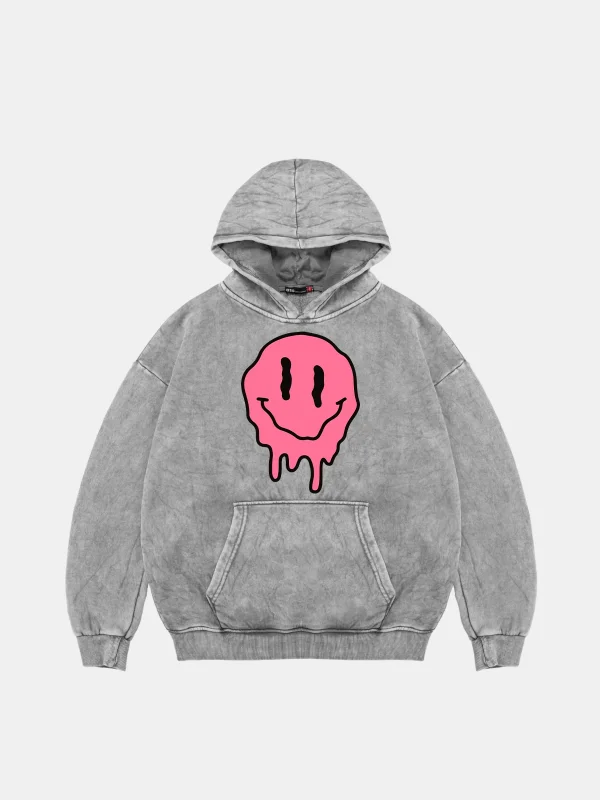 Yıkamalı Beyaz Acid Smile Baskılı Oversize Unisex Hoodie