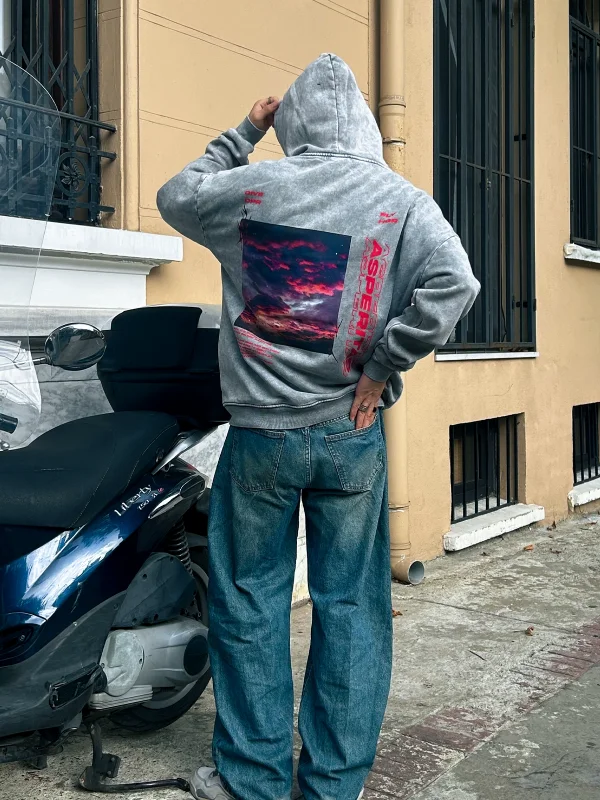 Yıkamalı Beyaz Asperitas Sırt Baskılı Oversize Unisex Hoodie
