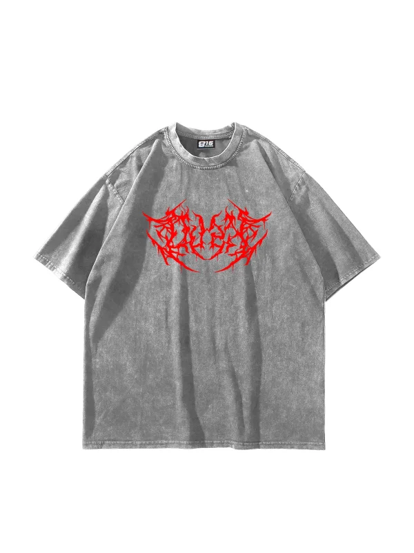 Yıkamalı Beyaz Kırmızı Dusk Baskılı Oversize Unisex Tshirt