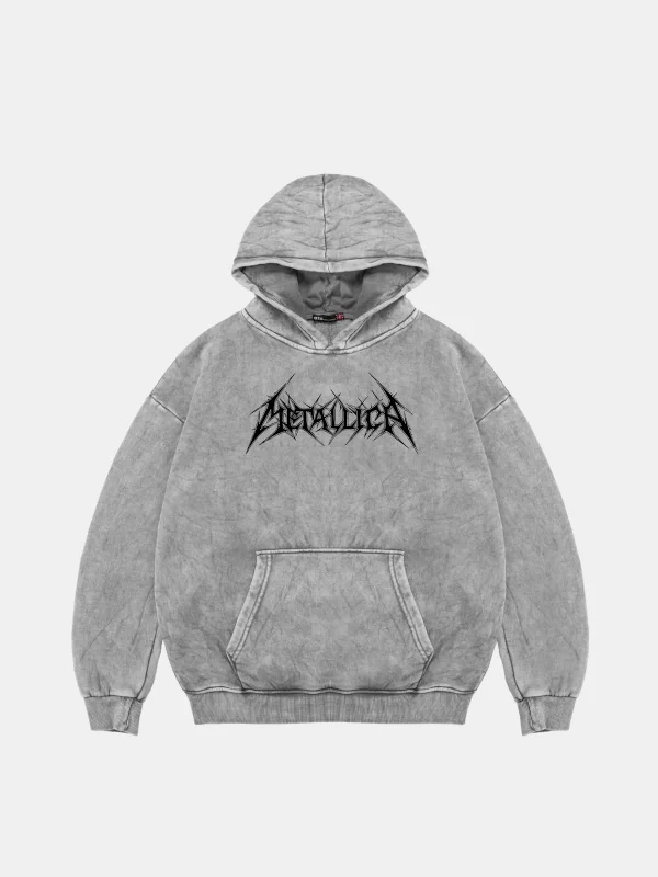 Yıkamalı Beyaz Metallica Logo Baskılı Oversize Unisex Hoodie