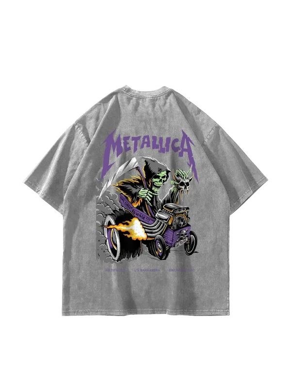 Yıkamalı Beyaz Metallica Mor Sırt Baskılı Beyaz Unisex Oversize Tshirt