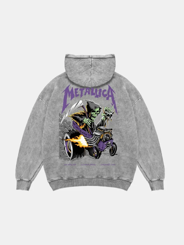 Yıkamalı Beyaz Metallica Mor Sırt Baskılı Oversize Kapüşonlu Hoodie