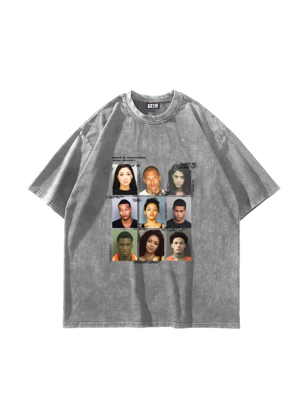 Yıkamalı Beyaz Mugshot Baskılı Oversize Unisex Tişört