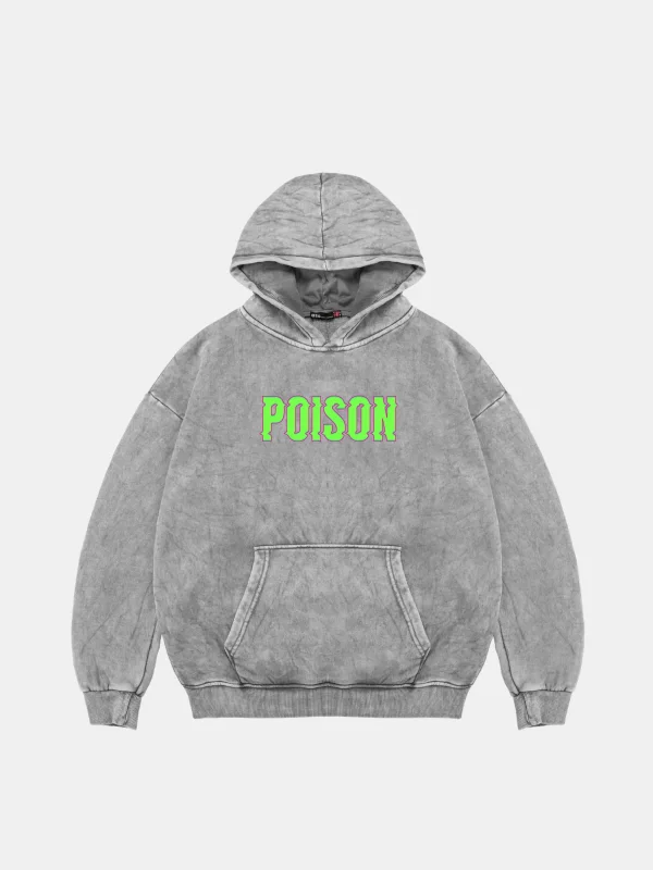 Yıkamalı Beyaz Poison Baskılı Oversize Unisex Hoodie