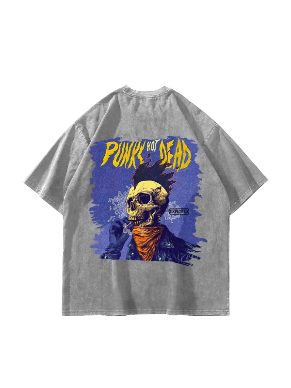 Yıkamalı Beyaz Punks Not Dead Sırt Baskılı Oversize Unisex Tshirt