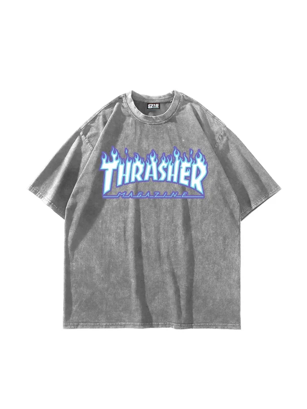 Yıkamalı Beyaz Thrasher Flam Baskılı Oversize Unisex Tshirt
