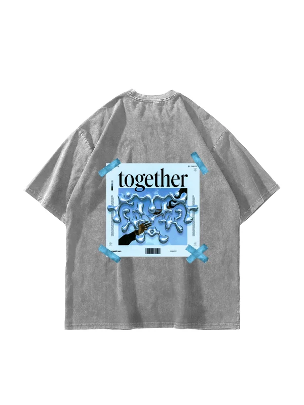 Yıkamalı Beyaz Together Sırt Baskılı Oversize Unisex Tshirt