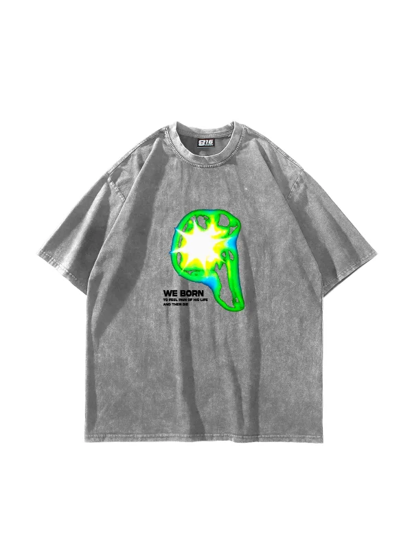 Yıkamalı Beyaz WE BORN Baskılı Oversize Unisex Tshirt