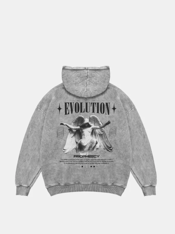 Yıkamalı Beyaz Evolution Baskılı Oversize Unisex Kapüşonlu Hoodie