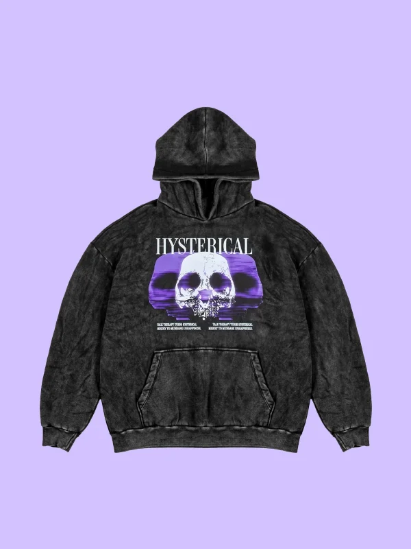 Yıkamalı Siyah Hysterıcal Baskılı Oversize Unisex Hoodie