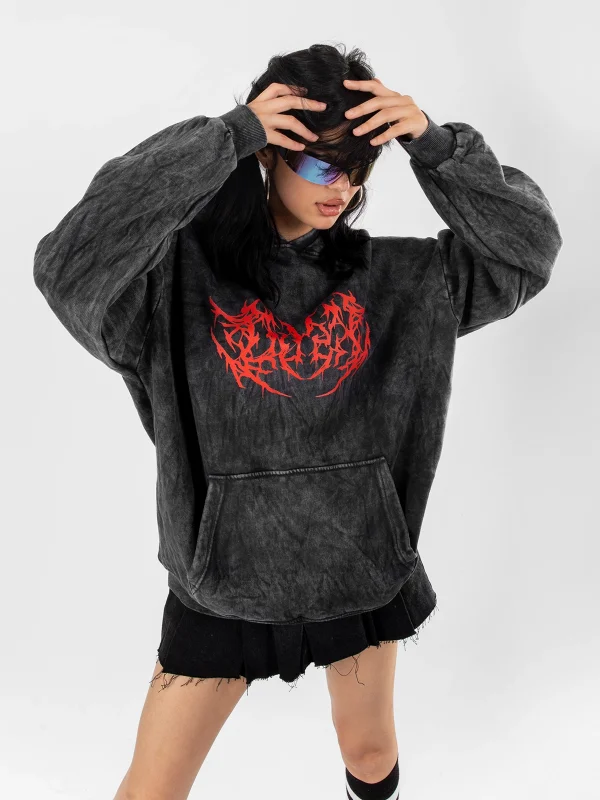 Yıkamalı Siyah Kırmızı Dusk Baskılı Oversize Unisex Hoodie
