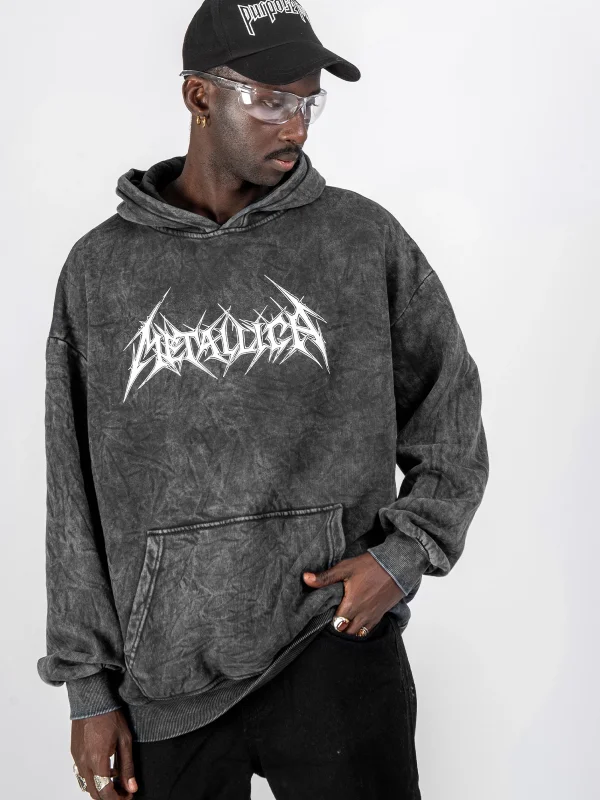 Yıkamalı Siyah Metallica Logo Baskılı Oversize Unisex Hoodie