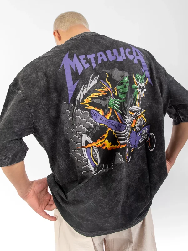 Yıkamalı Metallica Mor Sırt Baskılı Siyah Unisex Oversize Tshirt