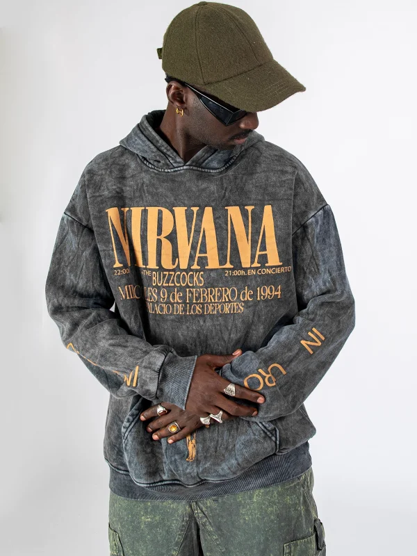 Yıkamalı Siyah Nirvana Sırt Baskılı Unisex Oversize Hoodie