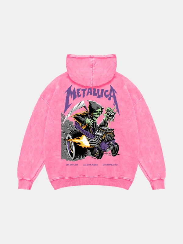 Yıkamalı Pembe Metallica Mor Sırt Baskılı Oversize Kapüşonlu Hoodie