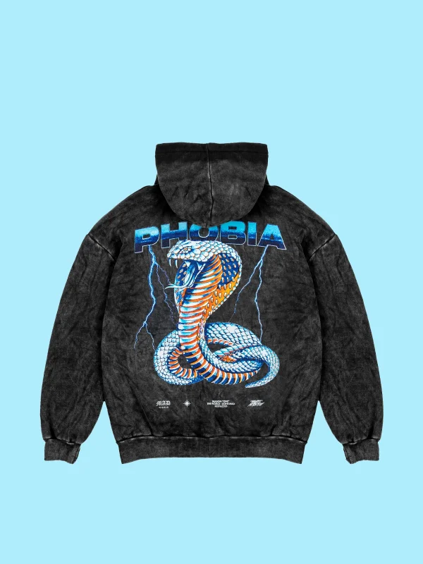 Yıkamalı Siyah Phobia Sırt Baskılı Unisex Oversize Hoodie