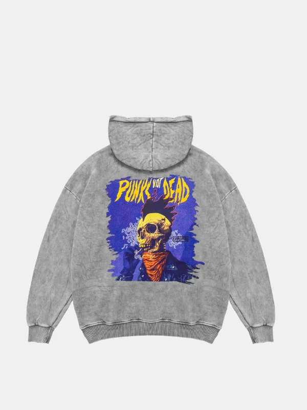 Yıkamalı Beyaz Punks Not Dead Baskılı Oversize Unisex Hoodie