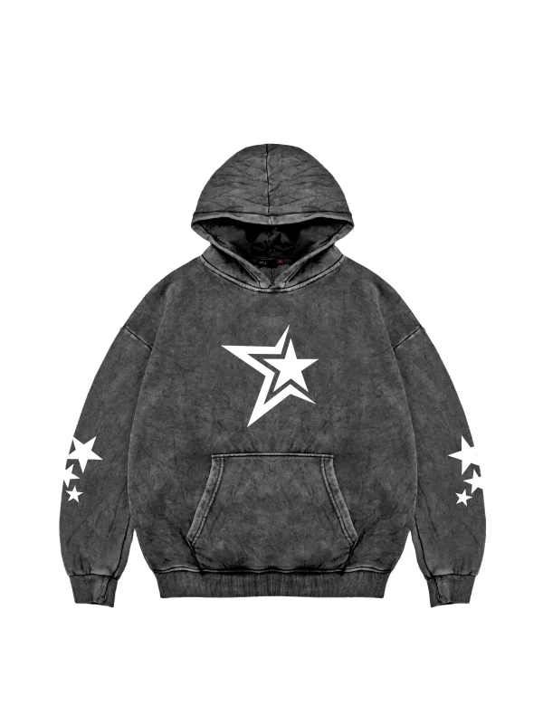 Yıkamalı Siyah 816 Stars Baskılı Oversize Unisex Hoodie