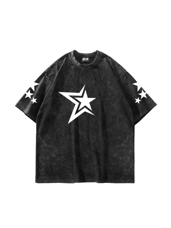 Yıkamalı Siyah 816 Stars Baskılı Oversize Unisex Tshirt