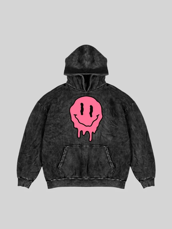 Yıkamalı Siyah Acid Smile Baskılı Oversize Unisex Hoodie