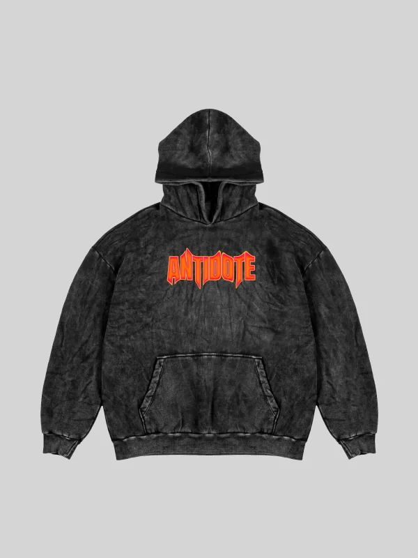 Yıkamalı Siyah Antidote Baskılı Oversize Unisex Hoodie