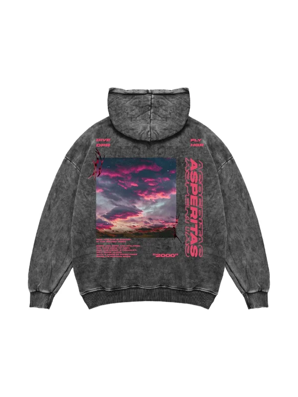 Yıkamalı Siyah Asperitas Sırt Baskılı Oversize Unisex Hoodie