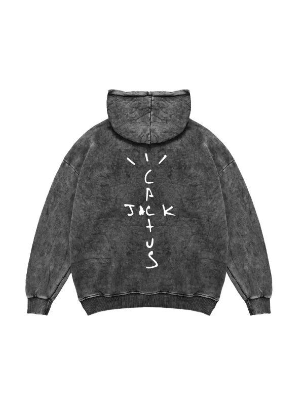 Yıkamalı Siyah Cactus Jack Sırt Baskılı Oversize Unisex Hoodie