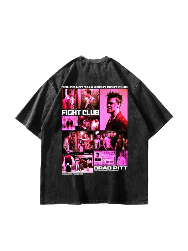 Yıkamalı Siyah Fight Club Oversize Baskılı Unisex Tişört