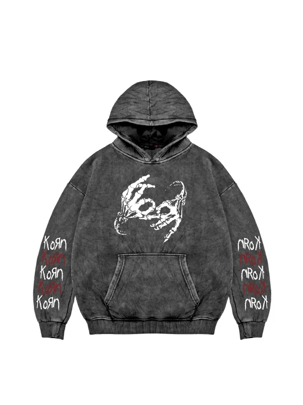 Yıkamalı Siyah Korn Baskılı Oversize Unisex Hoodie