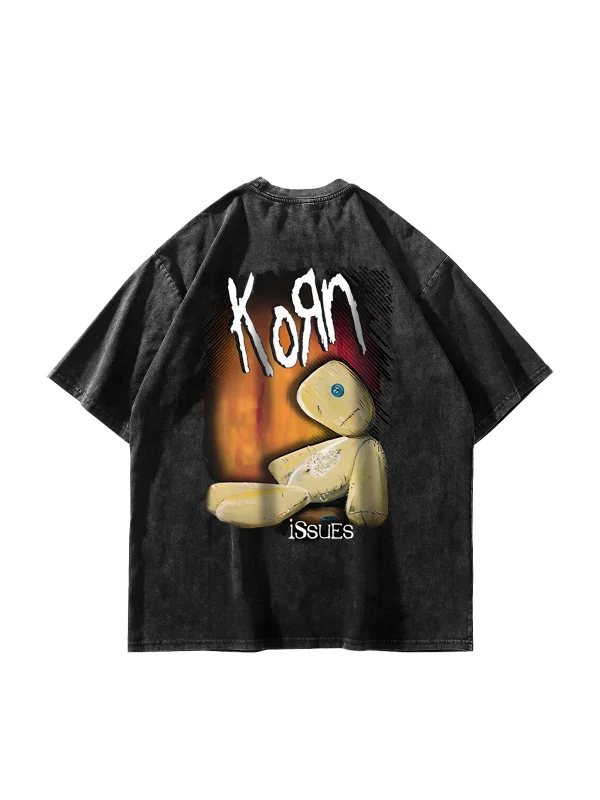 Yıkamalı Siyah Korn Sırt Baskılı Oversize Unisex Tshirt