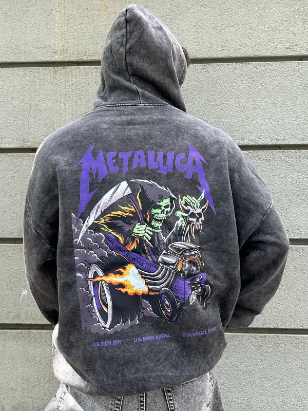 Yıkamalı Siyah Metallica Mor Sırt Baskılı Oversize Kapüşonlu Hoodie