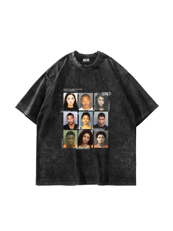 Yıkamalı Siyah Mugshot Baskılı Oversize Unisex Tişört
