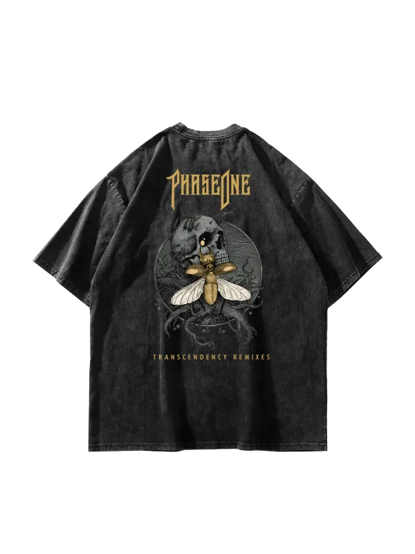 Yıkamalı Siyah Phaseone Sırt Baskılı Unisex Oversize Tshirt