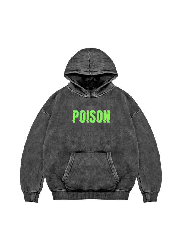 Yıkamalı Siyah Poison Baskılı Oversize Unisex Hoodie