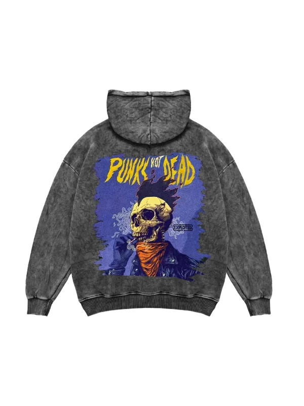 Yıkamalı Siyah Punks Not Dead Baskılı Oversize Unisex Hoodie