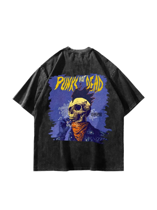 Yıkamalı Siyah Punks Not Dead Sırt Baskılı Oversize Unisex Tshirt