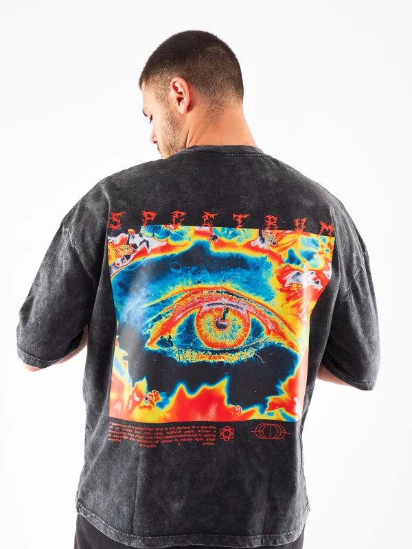 Yıkamalı Siyah Spectrum Baskılı Oversize Unisex Tshirt