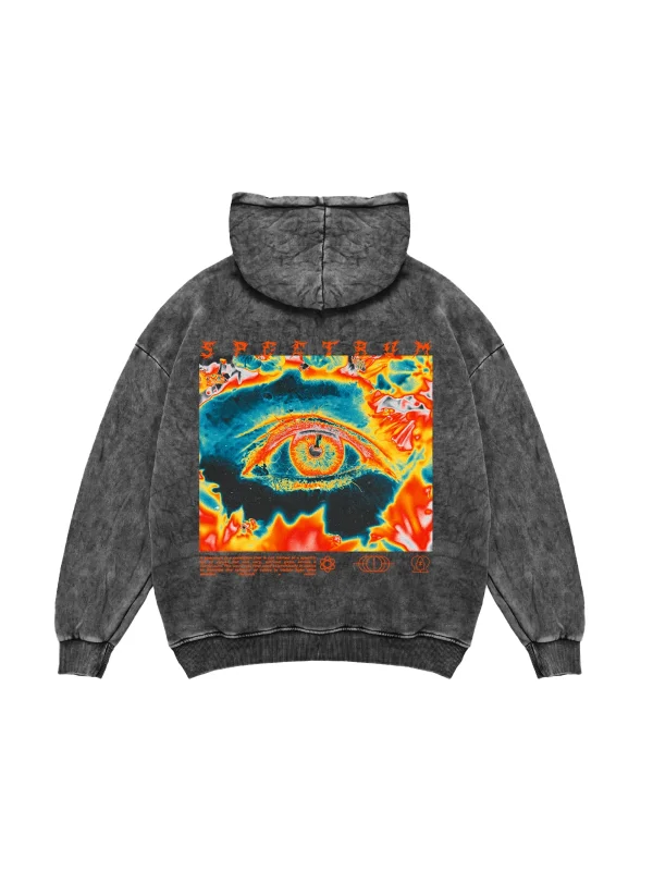 Yıkamalı Siyah Spectrum Sırt Baskılı Oversize Unisex Hoodie