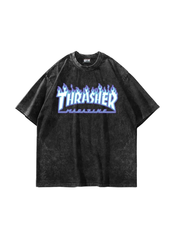 Yıkamalı Siyah Thrasher Flam Baskılı Oversize Unisex Tshirt