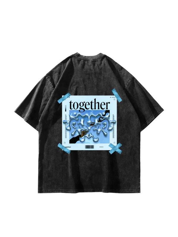 Yıkamalı Siyah Together Sırt Baskılı Oversize Unisex Tshirt