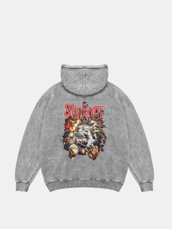 Yıkamalı Beyaz Slipknot Sırt Baskılı Oversize Unisex Hoodie